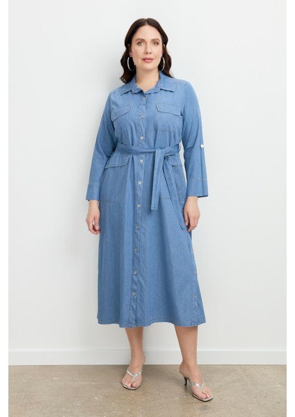 Büyük Beden Kuşaklı Uzun Kot Elbise-Mavi