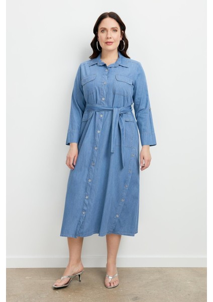 Büyük Beden Kuşaklı Uzun Kot Elbise-Mavi fiyatları