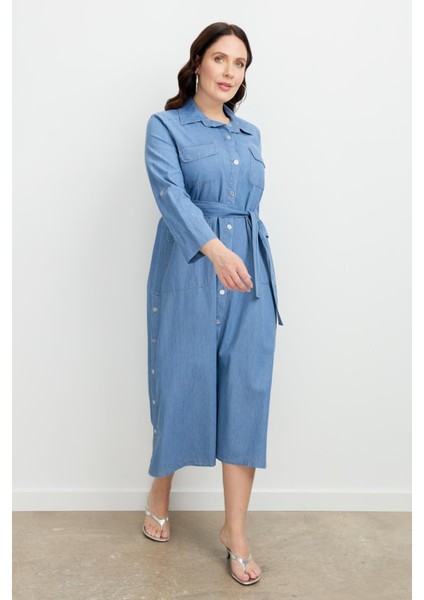 Büyük Beden Kuşaklı Uzun Kot Elbise-Mavi modelleri