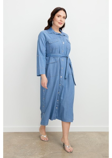 Büyük Beden Kuşaklı Uzun Kot Elbise-Mavi fırsatları