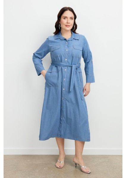 Büyük Beden Kuşaklı Uzun Kot Elbise-Mavi indirimleri