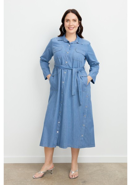 Büyük Beden Kuşaklı Uzun Kot Elbise-Mavi