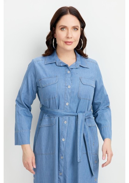 Büyük Beden Kuşaklı Uzun Kot Elbise-Mavi