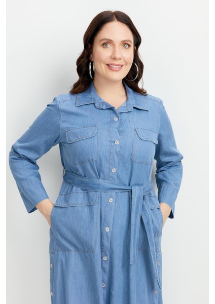 Büyük Beden Kuşaklı Uzun Kot Elbise-Mavi