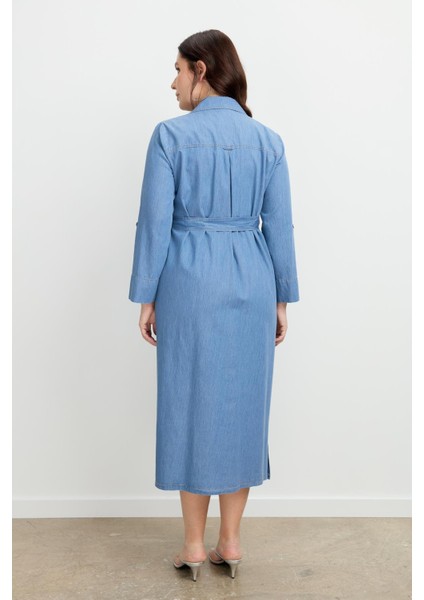 Büyük Beden Kuşaklı Uzun Kot Elbise-Mavi