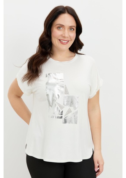 Büyük Beden Gümüş Baskı Bluz-Kemık