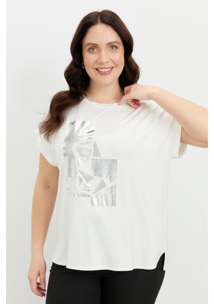 Büyük Beden Gümüş Baskı Bluz-Kemık modelleri