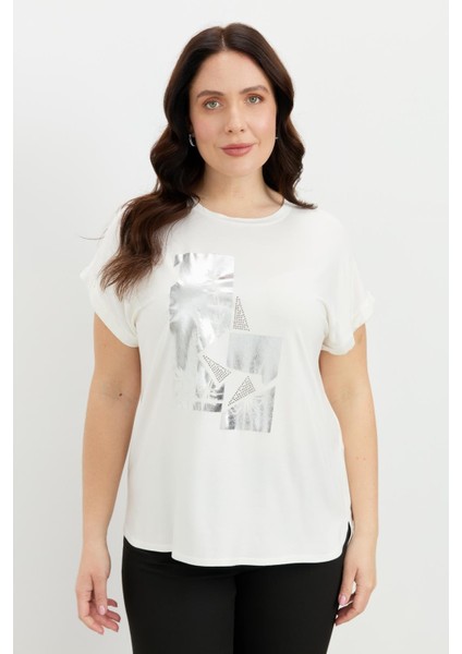 Büyük Beden Gümüş Baskı Bluz-Kemık fırsatları