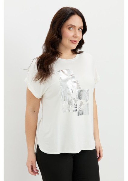 Büyük Beden Gümüş Baskı Bluz-Kemık indirimleri