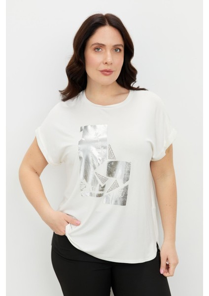 Büyük Beden Gümüş Baskı Bluz-Kemık