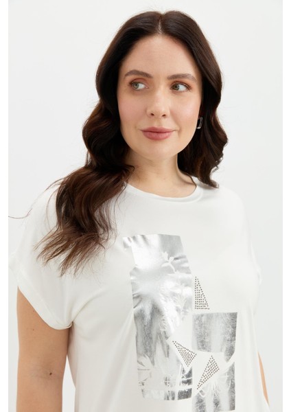 Büyük Beden Gümüş Baskı Bluz-Kemık