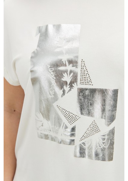 Büyük Beden Gümüş Baskı Bluz-Kemık