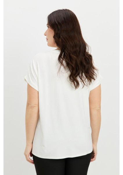 Büyük Beden Gümüş Baskı Bluz-Kemık