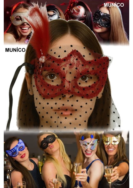 3 Adet Kırmızı Renk Maske Dantel Detaylı, Tül Duvaklı, Ayarlanabilir | Kostüm ve Özel Davetler Için modelleri