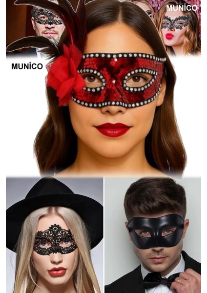 3 Adet Kırmızı Renk Maske – Payetli, Gümüş Taşlı, Tüylü | Kostüm Partileri ve Özel Günler Için Sexy modelleri