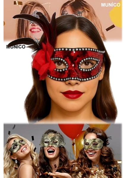 3 Adet Kırmızı Renk Maske – Payetli, Gümüş Taşlı, Tüylü | Kostüm Partileri ve Özel Günler Için Sexy fırsatları
