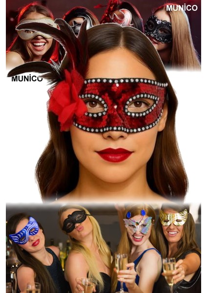 3 Adet Kırmızı Renk Maske – Payetli, Gümüş Taşlı, Tüylü | Kostüm Partileri ve Özel Günler Için Sexy indirimleri