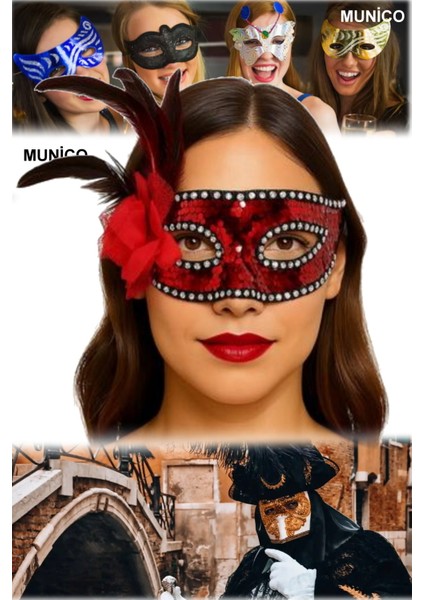 3 Adet Kırmızı Renk Maske – Payetli, Gümüş Taşlı, Tüylü | Kostüm Partileri ve Özel Günler Için Sexy