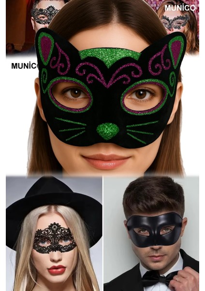 Siyah Kadife Kedi Maske – 20X13 Cm, Pembe Yeşil Simli | Maskeli Balo ve Fotoğraf Çekimi Için fiyatları