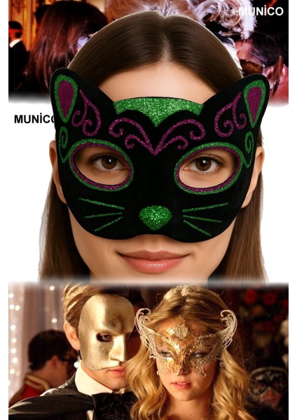 Siyah Kadife Kedi Maske – 20X13 Cm, Pembe Yeşil Simli | Maskeli Balo ve Fotoğraf Çekimi Için modelleri