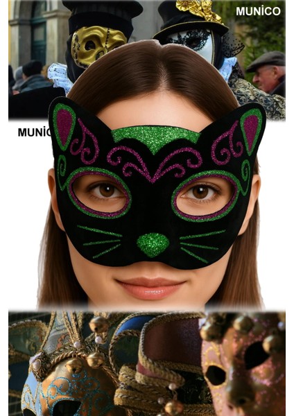 Siyah Kadife Kedi Maske – 20X13 Cm, Pembe Yeşil Simli | Maskeli Balo ve Fotoğraf Çekimi Için indirimleri