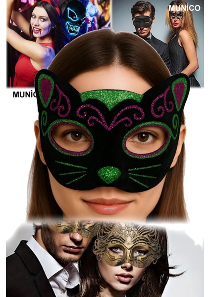 Siyah Kadife Kedi Maske – 20X13 Cm, Pembe Yeşil Simli | Maskeli Balo ve Fotoğraf Çekimi Için