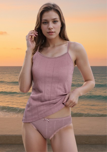 %100 Pamuklu Kalp Desen Dantelli Mürdüm Ip Askılı & Bikini Külot 2'li Takım LL.IL22.KE94.001