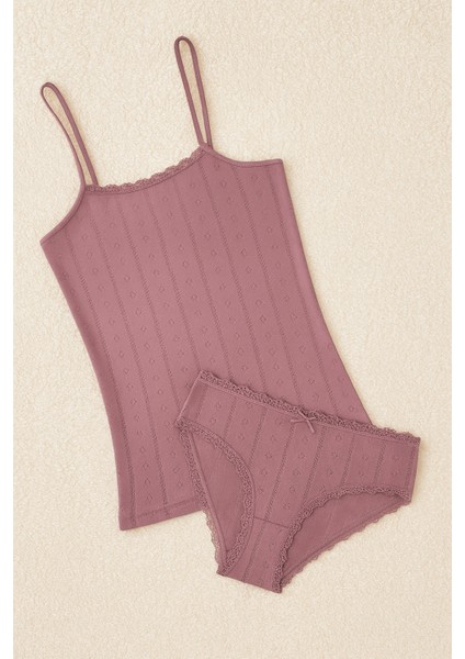 %100 Pamuklu Kalp Desen Dantelli Mürdüm Ip Askılı & Bikini Külot 2'li Takım LL.IL22.KE94.001 fiyatları