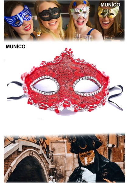 2 Adet Gözleri Taşlı Kırmızı Maske Dantel Detaylı, Hafif ve Zarif | Maskeli Balo Özel Günler Için fiyatları