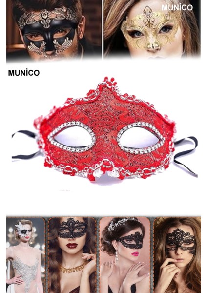 2 Adet Gözleri Taşlı Kırmızı Maske Dantel Detaylı, Hafif ve Zarif | Maskeli Balo Özel Günler Için fırsatları