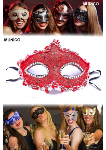 2 Adet Gözleri Taşlı Kırmızı Maske Dantel Detaylı, Hafif ve Zarif | Maskeli Balo Özel Günler Için