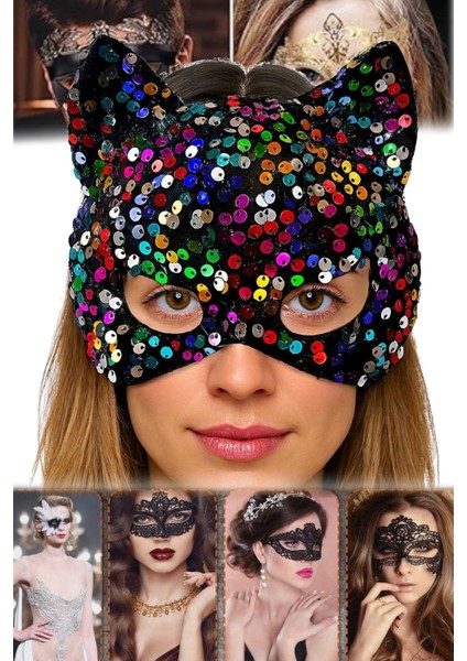 Rengarenk Payetli Siyah Maske Kadife Kumaşlı, Hafif ve Rahat Maskeli Balo Kostüm Partisi Için