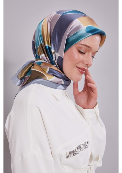 A.Mavi Geometrik Desen Kristal Eşarp