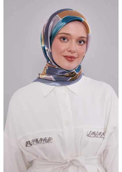 A.Mavi Geometrik Desen Kristal Eşarp modelleri