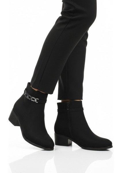 Siyah Zümrüt Fermuarlı Polarlı Kadın Topuklu Bot 325131 Z