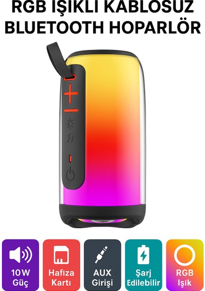 Rgb Işıklı Kablosuz Bluetooth Hoparlör – 10W Güç, Hafıza Kartı ve Aux Girişli, Taşınabilir Parti Hoparlörü