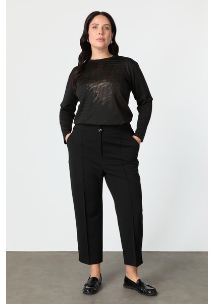 Büyük Beden Beli Lastikli Pantolon-Siyah