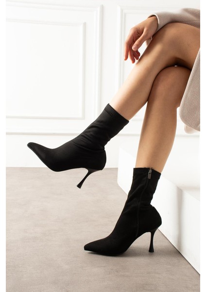Lastve Kadın Bot Ince Topuklu Fermuarlı Streç Siyah Süet