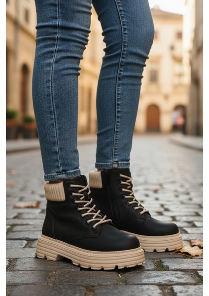 Siyah-Bej Içi Polarlı Fermuarlı Kadın Bot Serpa 5200 Z