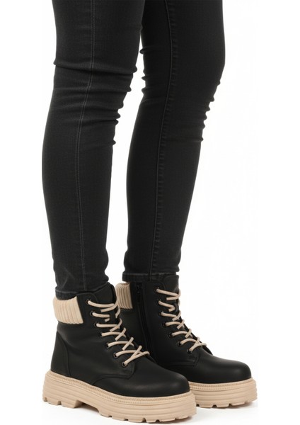 Siyah-Bej Içi Polarlı Fermuarlı Kadın Bot Serpa 5200 Z modelleri