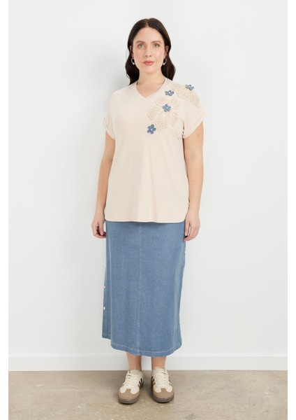 Büyük Beden Çiçek Baskı Penye Bluz-Bej fiyatları