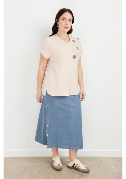 Büyük Beden Çiçek Baskı Penye Bluz-Bej modelleri