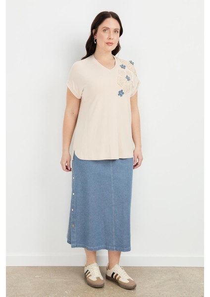 Büyük Beden Çiçek Baskı Penye Bluz-Bej fırsatları