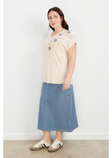 Büyük Beden Çiçek Baskı Penye Bluz-Bej indirimleri