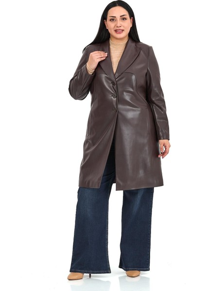 Büyük Beden Cepli Düğme Kapamalı Astarlı Suni Deri Koyu Kahverengi Kaban