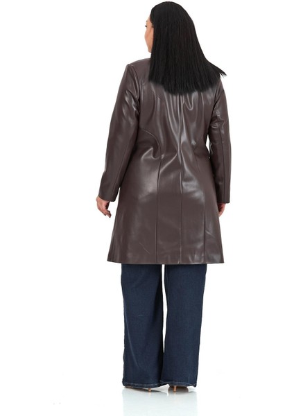 Büyük Beden Cepli Düğme Kapamalı Astarlı Suni Deri Koyu Kahverengi Kaban modelleri