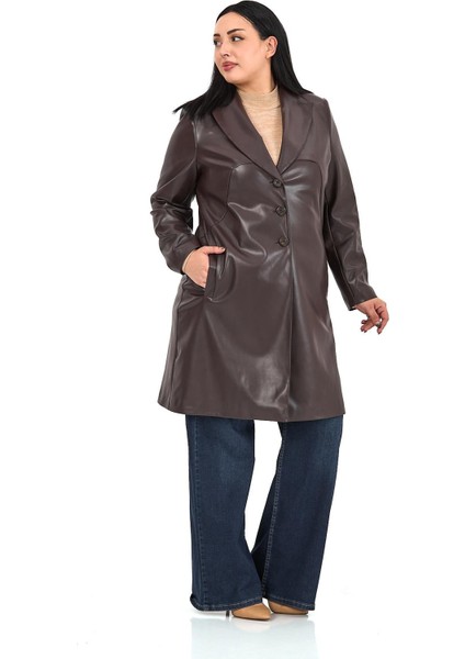 Büyük Beden Cepli Düğme Kapamalı Astarlı Suni Deri Koyu Kahverengi Kaban fırsatları