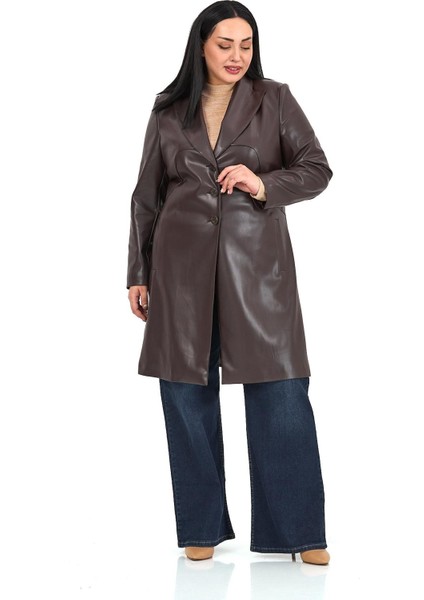 Büyük Beden Cepli Düğme Kapamalı Astarlı Suni Deri Koyu Kahverengi Kaban indirimleri