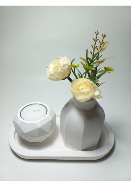 Geometrik Mumluk ve Vazo Dekoratif Tabaklı Set Beyaz
