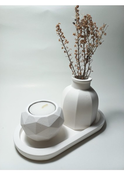 Geometrik Mumluk ve Vazo Dekoratif Tabaklı Set Beyaz fiyatları